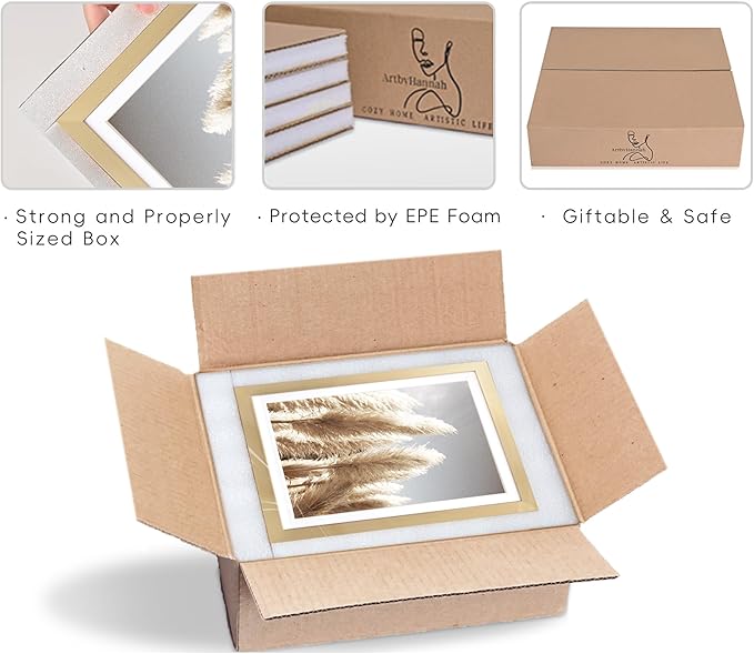 ArtbyHannah Gallery Wall Frame Set, 8 Pack Picture Frames Collage Wall Art Decor with Neutral Pampas Grass for Bedroom, Assorted Size Including 8"x10", 5"x7", 4"x6", 6"x6"(Gold Frame,Small)