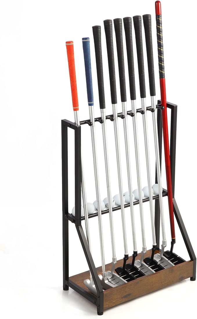 Golf Putter Stand for 9 Clubs & 9 Balls, Solid Wood & Iron Golf Club Rack, Golf Club Organizer Floor Stand, Golf Club Holder | Rustic Modern Design for Home, Office, Golf Course Accessories