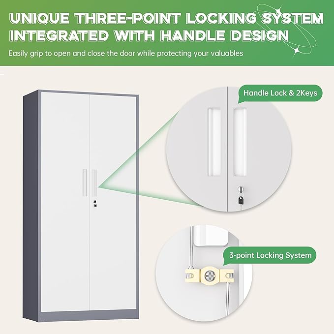 INTERGREAT Metal Storage Cabinet with Lock, 63" H Metal Cabinets Storage with 2 Doors and 4 Adjustable Shelves, Locking Garage Cabinet for Home Office, Kitchen, Bathroom (White Grey)