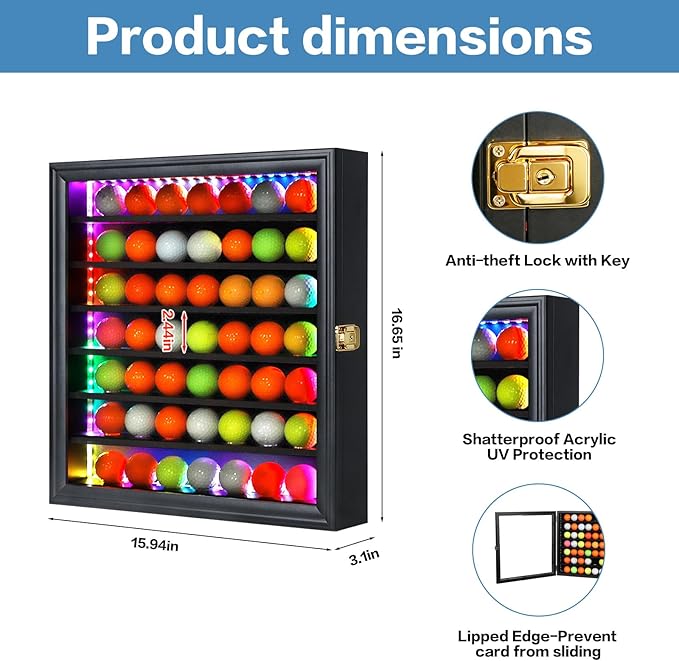 KCRasan Golf Ball Display Case - Wall Mounted Holder with Glass Door, Ideal Gift for Golf Enthusiasts