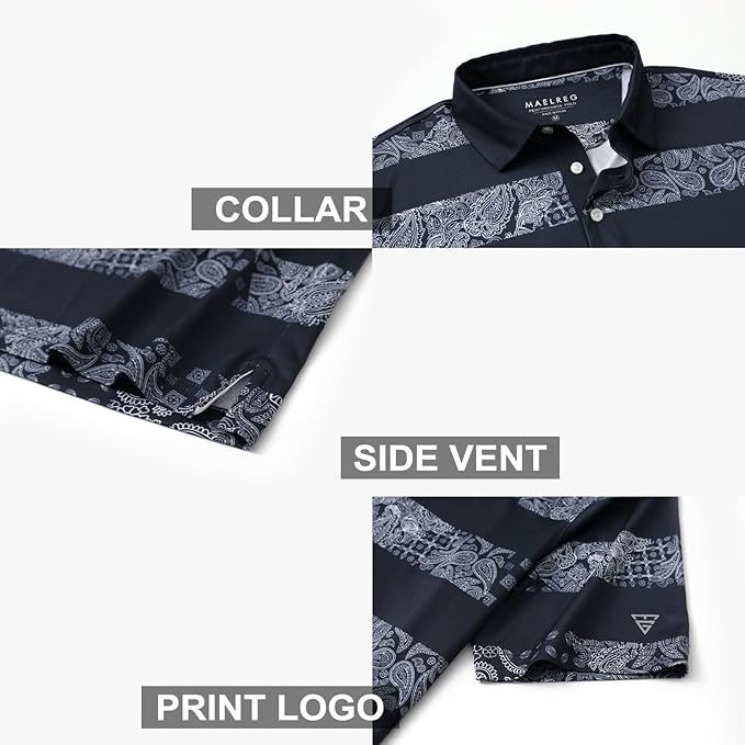 Golf Shirts for Men Dry Fit Short Sleeve Print Performance Moisture Wicking Polo Shirt
