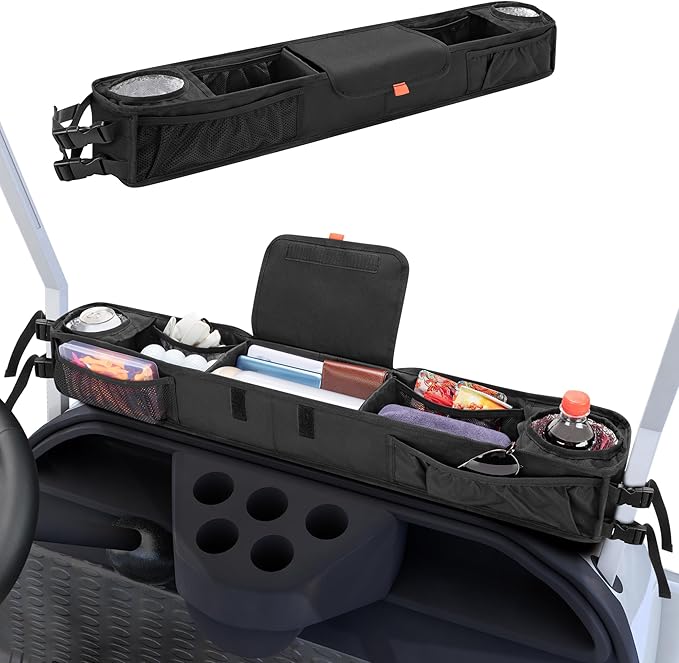 Golf Cart Front Storage Basket with Insulated Cup Holders, No-Drilling Dash Tray Organizer Compatible with EZGO, Club Car, Kandi Electirc Golf Cart, Golf Cart Storage Organizer
