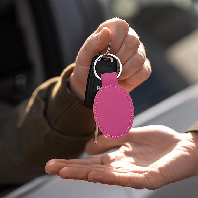 LaserGram Oval Keychain, Palm Trees, Personalized Engraving Included (Hot Pink)