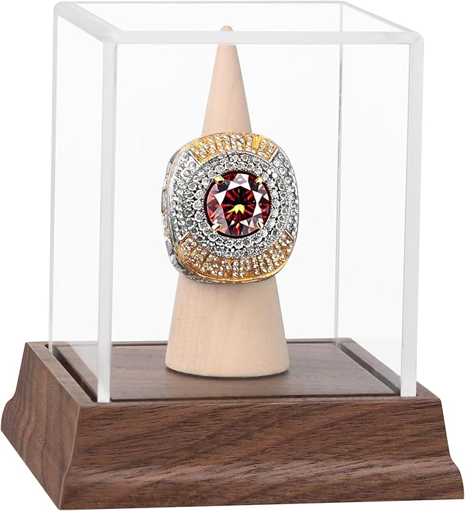 Championship Ring Display Case Baseball Softball Football Ring Holder Wanult Wood Base Acrylic Sports Ring Display Case Stand for Men Wooden Ring Box for Women Memorabilia Showcase Cube Collectibles
