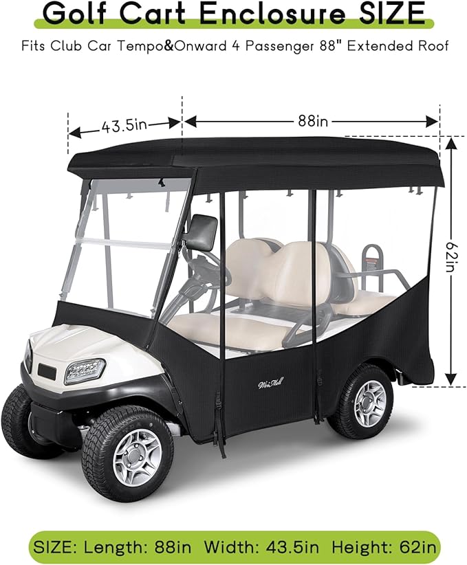 Golf Cart Enclosure 4 Passenger for Club Car Tempo Onward Extended Roof 88" 4-Seater 600D Waterproof Transparent Driving Rain Cover with 4-Sided Clear Windows Roll-up Door Black