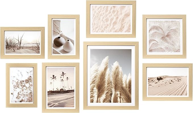 ArtbyHannah Gallery Wall Frame Set, 8 Pack Picture Frames Collage Wall Art Decor with Neutral Pampas Grass for Bedroom, Assorted Size Including 8"x10", 5"x7", 4"x6", 6"x6"(Beige Frame,Small)