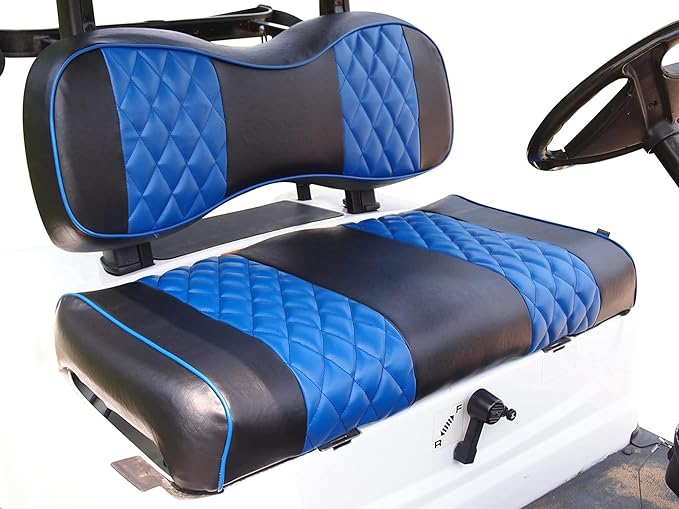 Huskey 4PCS Golf Cart Front/Rear Seat Covers for Club Car DS 2000.5 UP G&E Models Custom Two-Tone Black/Blue Diamond Stitching with Blue Piping, Marine Grade Vinyl Material, Staple on Design