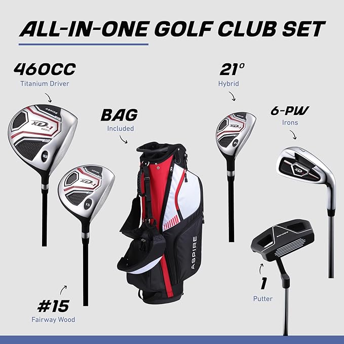 Aspire XD1 Senior Men’s 14-Piece Golf Set – 460cc Titanium Driver, Wood, Hybrid, 6-PW Irons, Putter, Stand Bag, 3 Headcovers and Cover – RH