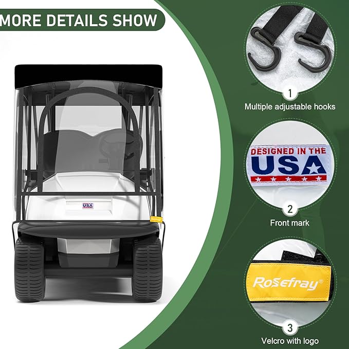 Rosefray Golf Cart Enclosure - 2+2 Drivable Rain Cover for Short Roof 58" EZGO, Club Car - Durable Door Zipper, 4-Sided Clear Windows (4 Seater)