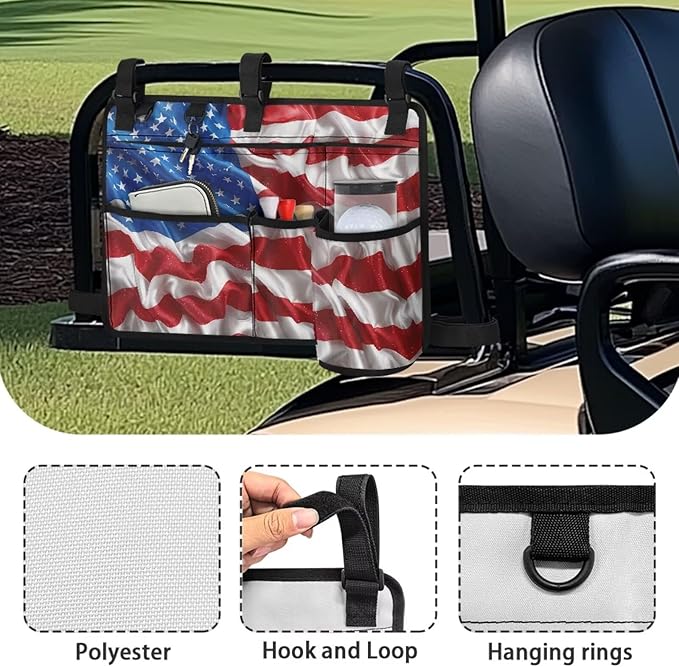 American Flag Golf Cart Bag, Golf Cart Rear Seat Organizer with Open Pockets for Golf Balls & Bottles