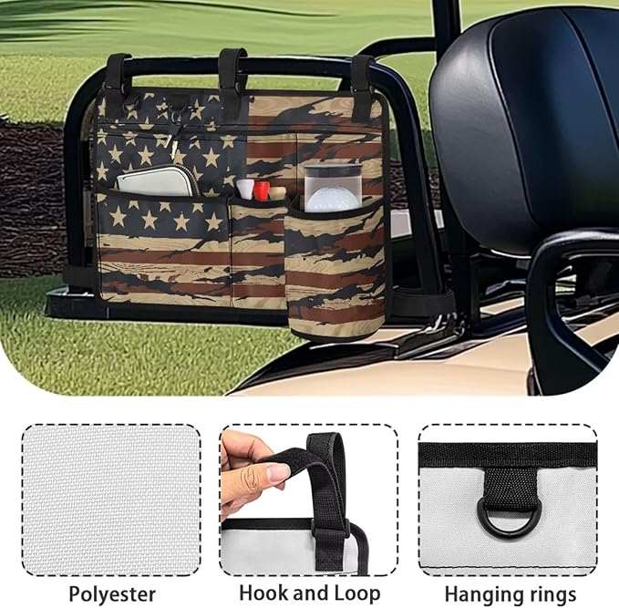 American Flag Golf Cart Bag, Golf Cart Rear Seat Organizer with Open Pockets for Golf Balls & Bottles