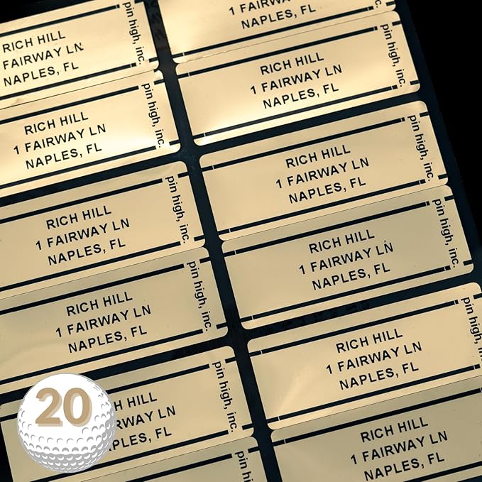 PIN HIGH Personalized Golf Club ID Labels | Weatherproof, Fade Resistant, Laminated Thermal Transfer Labels, Made in The USA, (Free Customization & Shipping), Set of 20, Gold