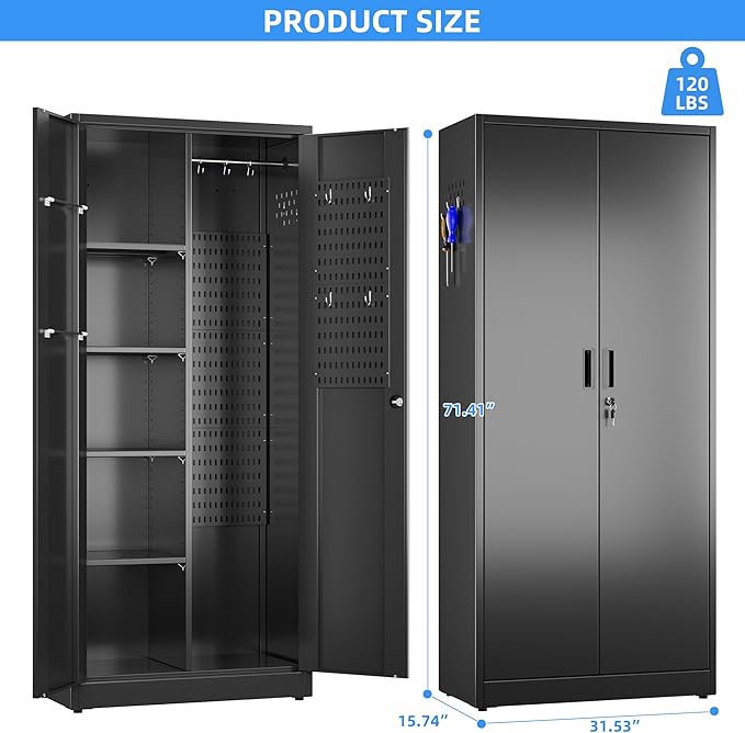 SUXXAN Broom Closet Storage Cabinet 71.4"x 31.5"x15.7", Metal Cleaning Cabinets with Hooks and Hanging Rods, Lockable Cabinet with Pegboard, Adjustable Shelf,for Garage, Laundry Room
