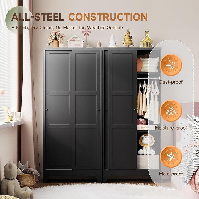 Letaya Metal Sliding Door Wardrobe Cabinets,68" Tall Armoire Wardrobe Closet with Sliding Doors and Shelves,Narrow Slim Coat Closet Cabinet with Hanging Rod,Space Saving for Home (Black)