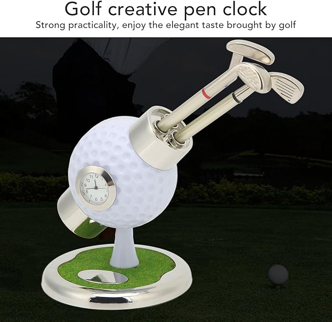 Golf Pen Holder Set, Elegant Simulation Zinc Alloy Clock Pen Container with 3 Pens for Office Desk Decor Father Gift Home Study Decoration