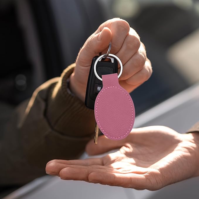 LaserGram Oval Keychain, Off Road Racer, Personalized Engraving Included (Pink)