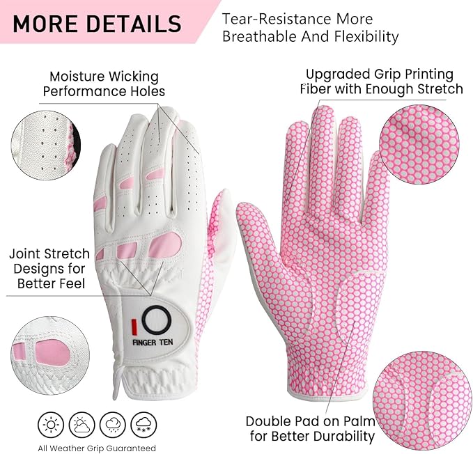 FINGER TEN Non Slip Golf Gloves Women 2 Pack for Left Right Handed Golfers, All Weather Grip & Comfortable Glove for Serious Performance, Fit Size Medium Small Large