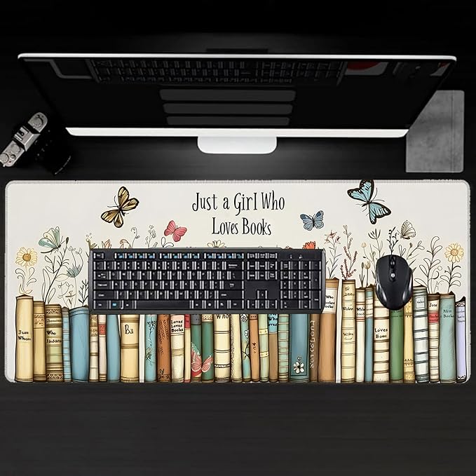 Just a Girl Who Loves Books Large Gaming Desk Mat,Rubber Non-Slip Floral and Butterfly Mouse Pad,31.5x11.8x0.12in Extended Book Mousepad,Game Lover Mice Pads Gifts,Office Home Deskmat Decor