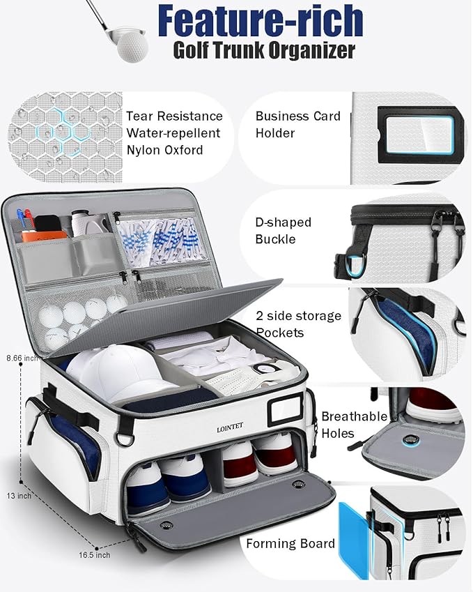 Golf Trunk Organizer, Waterproof Car Golf Locker with Separate Ventilated Compartment for 2 Pair Shoes, Golf Storage for Balls, Tees, Cap, Clothes, Gloves, Accessories, Gifts for Men, Women