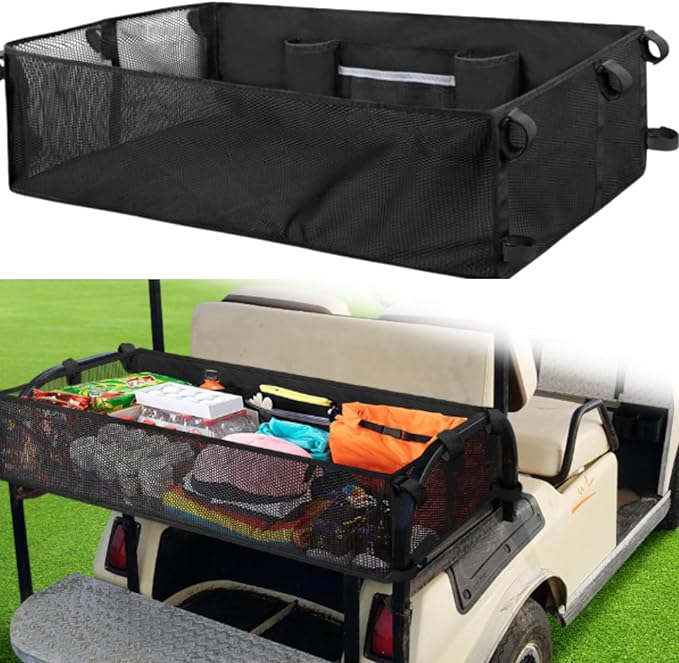 bangminda Universal Golf Cart Organizer, Mesh Storage Net with Adjustable Straps, No-Drill Installation, Foldable Cargo Basket Storage Grocery Shopping Bag for Club Car