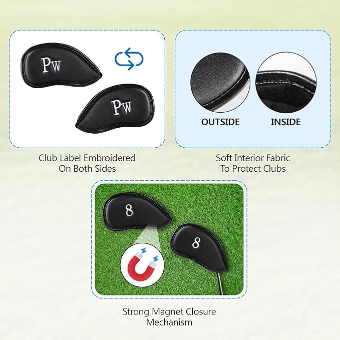 Premium Leather Golf Club Covers -Double-Sided Embroidered Golf Iron Covers with Magnetic Closure, Perfect Iron Covers for Golf Clubs, Durable and Stylish Protection for Your Clubs