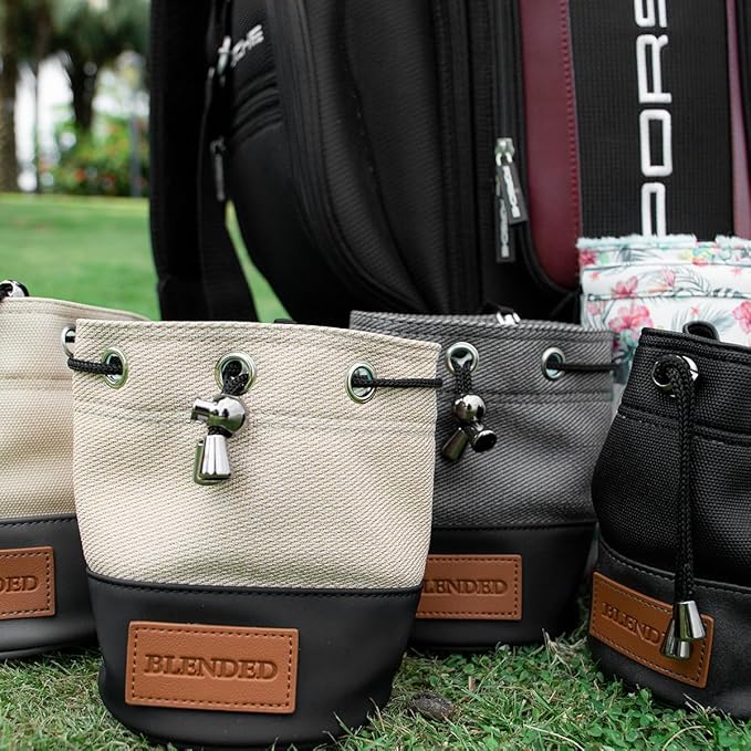 Golf Valuables Pouch,Bucket Waist Design Golf Pouch Bag with Drawstrings Golf Tee Bag Pouch Leather for Men Women (Khaki+Black)