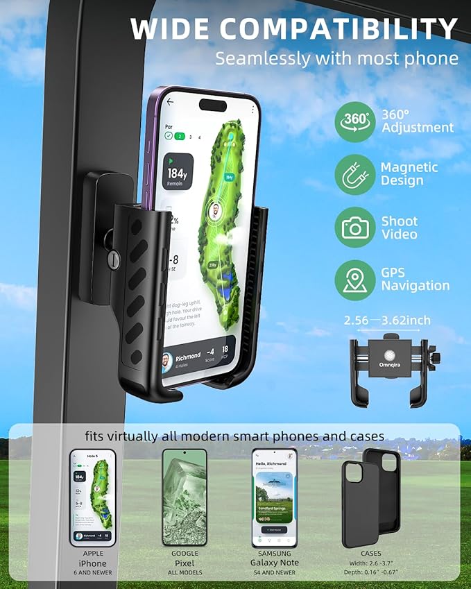 Golf Cart Phone Holder , 360° Adjustable Universal Golf Magnetic Phone Mount Compatible with iPhone Google Pixel EZGO Club Car Yamaha Icon Golf Cart Accessories Golf Gifts for Friend Men Husband Dad