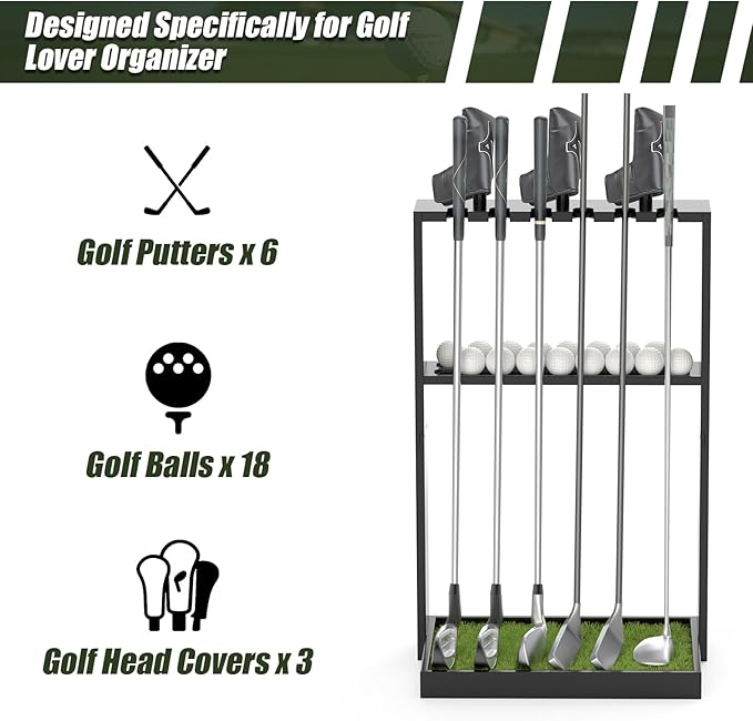 Golf Putter Stand, Premium Wooden Golf Club Rack for 6 Clubs, 18 Balls & 3 Putter Covers Storage, Golf Putter Stand, Floor Display Rack for Indoor Home Office Club Simulator