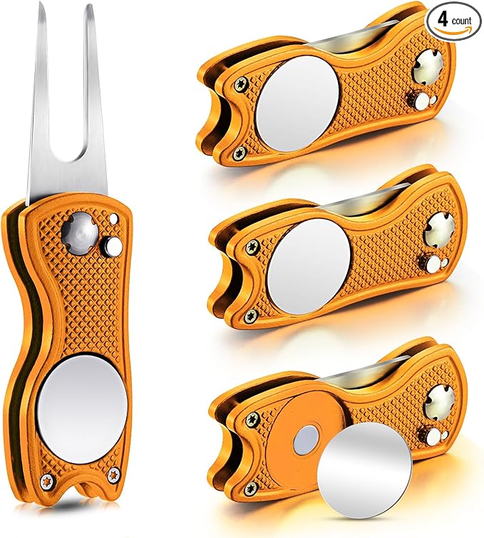 Skylety 4 Pcs Golf Divot Repair Tool Metal Foldable Golf Divot Tool with Magnetic Pop-up Button Ball Marker Stainless Steel Switchblade for Golfers Prizes