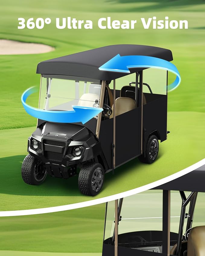 Golf Cart Cover Enclosure 4&6 Passenger, Golf Cart Cover for Yamaha Club Car EZGO, Waterproof 600D Oxford Rain Cover, Transparent Tail Light Panel, Foldable Door,4-Sided Clear Windows