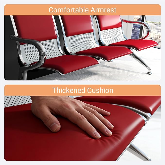 Kinfant Red 6-Seat Waiting Room Chairs with Arms – Heavy-Duty Steel Frame PU Leather Back & Cushioned Seat, Ergonomic Office Reception Guest Chair for Lobby, Clinic, Airport