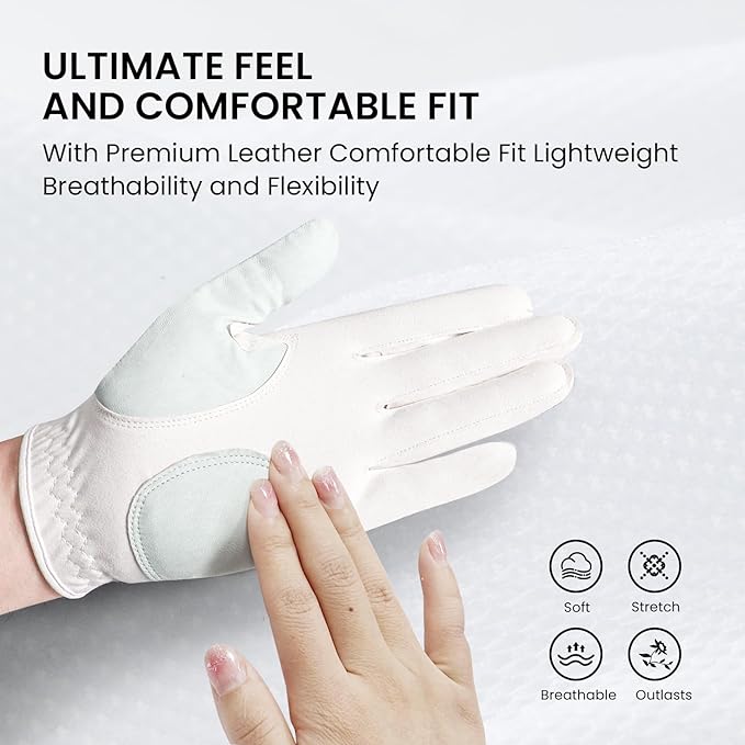 Ladies Golf Gloves Women Right Handed Golfer Left Hand Value 2 Pack with Ball Marker Leather All Weather Grip Breathable Soft Gift Set