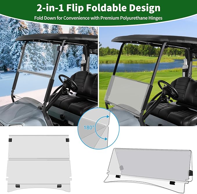 Golf Cart Foldable Windshield 3/16" (5MM) Thicken Only Fits Club Car Precedent 2004+, Tempo 2017+, Onward 2017+, 1"×1" Struts Rail Front Folding Acrylic Windshield Replacement - Clear