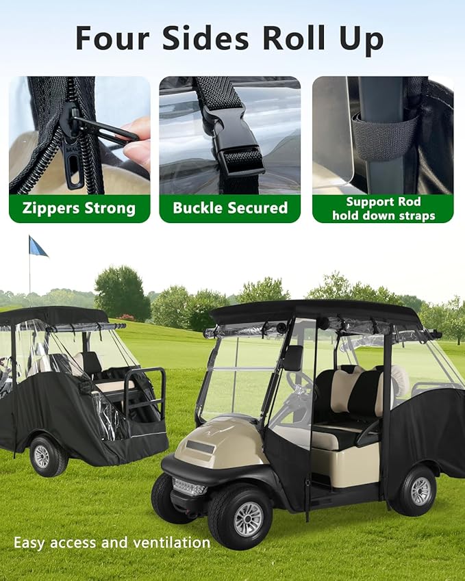 Golf Cart Enclosure 4 Passenger Short Roof 58” for Club Car Precedent Tempo 2+2 Seater,600D Clear Rain Cover Driving Enclosure,Roll Up 4 Sided Transparent Windows&Door,Side Mirrors Zipper Openings