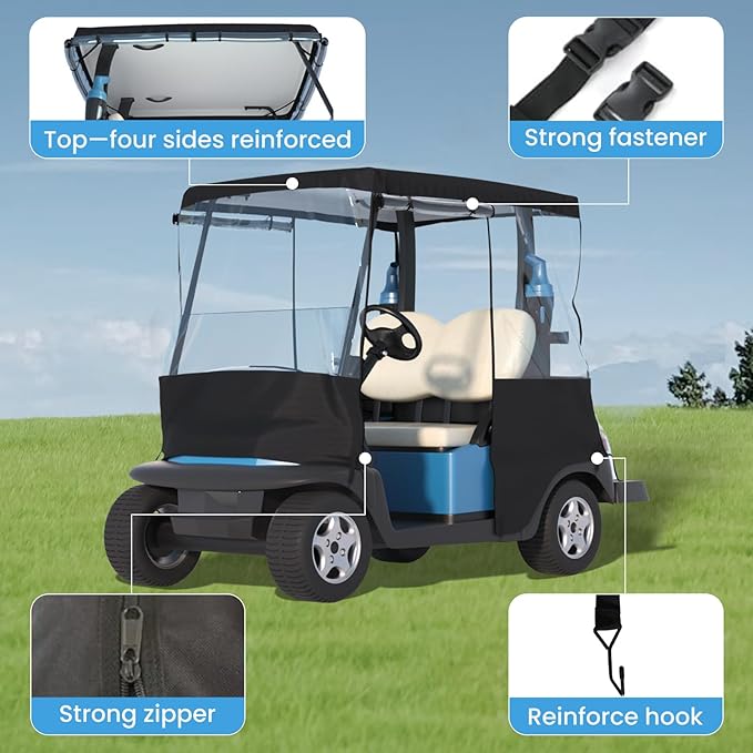 Golf Cart Cover, For 2 Seater, Driving Use, 4 Sides Rolled Up, Waterproof, Windproof, Dustproof, 600D Waterproof Oxford Cloth, Super Transparent EVA, For Club Car Precedent/Tempo/ Onward, EZGO
