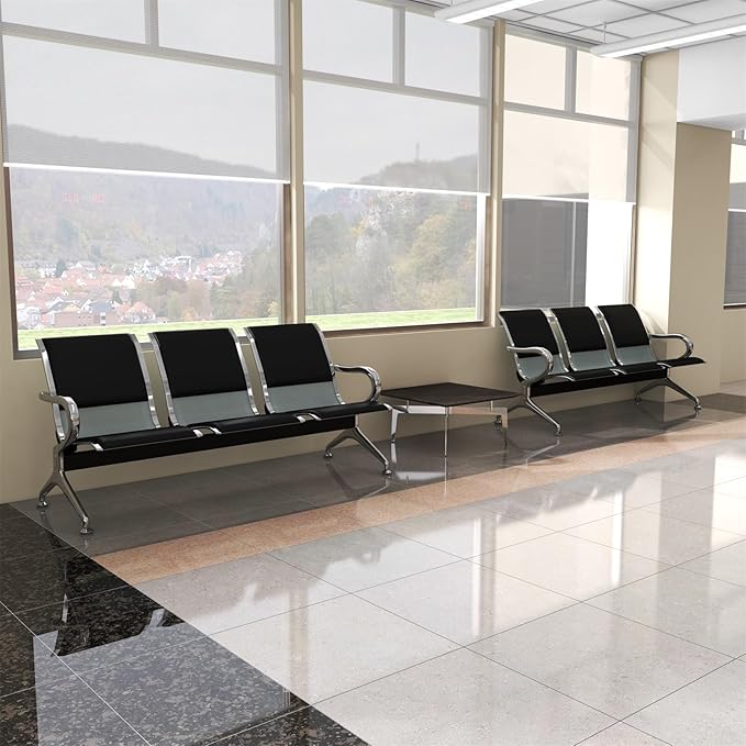 kinbor Waiting Room Chairs - Durable PU Leather Reception Bench with Armrests, 3-Seat Office Reception Guest Chairs for Office, Hospital, Airport, Bank & Lobby, Black