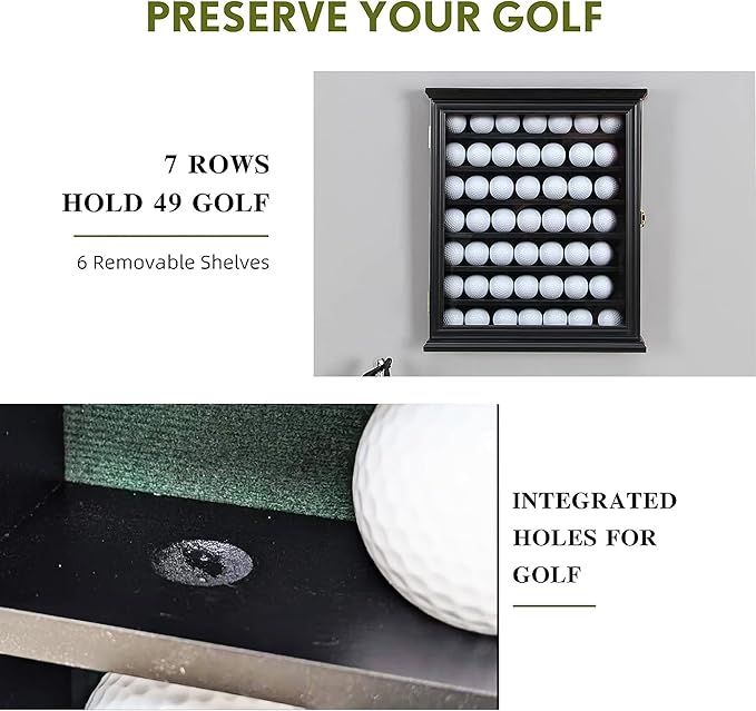 49 Golf Ball Display Case Wall Mount Cabinet Lockable Real Glass Door Solid Wood Frame 98 UV Protection Great Golfer Gift 17.4" H x 14.5" W x 3" D Indentations to Prevent Rolling