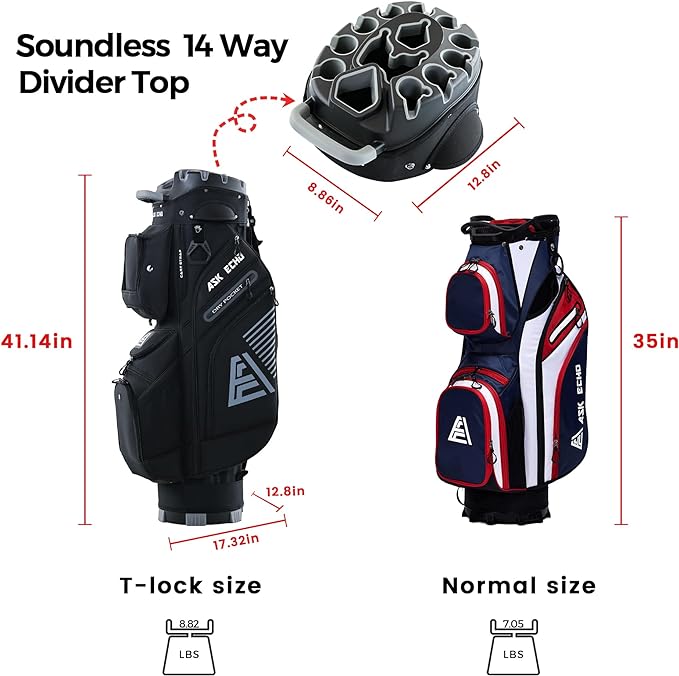 ASK ECHO T-Lock Golf Cart Bag with 14 Way Organizer Divider Top, Premium Cart Bag with Handles and Rain Cover, for Men