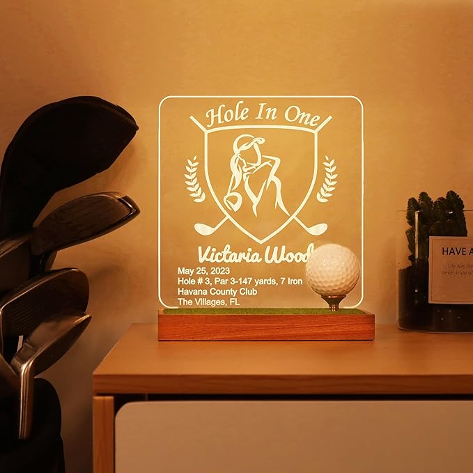Hole in One Golf Ball Display Case, CoolGift Mart Personalized Light Up Golf Ball Holder Memorabilia Display and Storage, Wooden Acrylic Accessories with Warm White Color Lights, Gift for Golfers