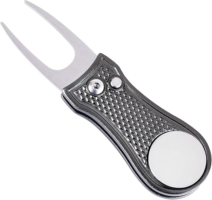 Mile High Life Microfiber Waffle Pattern Golf Towel | Club Groove Cleaner Brush | Foldable Divot Tool with Magnetic Ball Marker (Dark Gray Towel/Brush/Bone Divot)