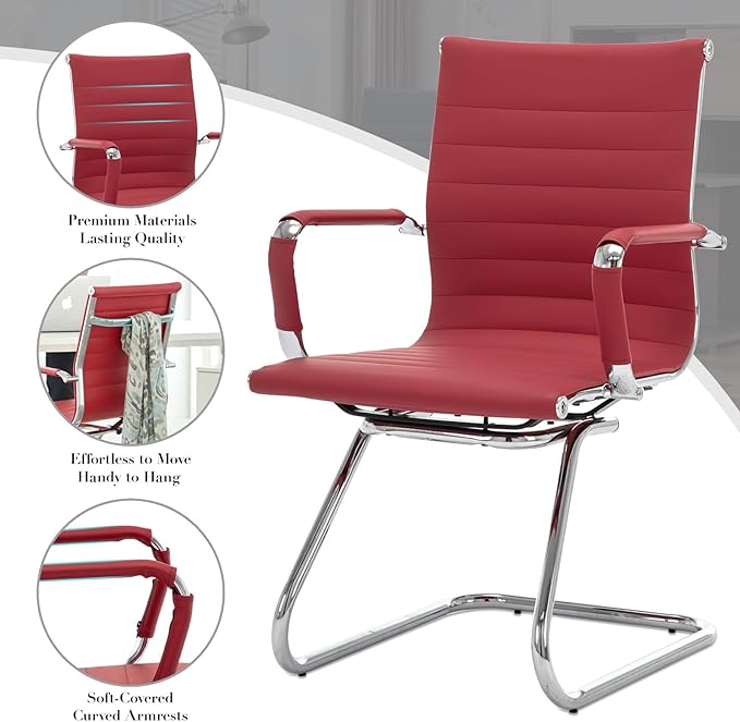 CIMOTA Waiting Room Chairs Leather Office Guest Chair Mid Back Reception Chairs with Sled Base for Meeting/Patient/Conference Room, Red Set of 8