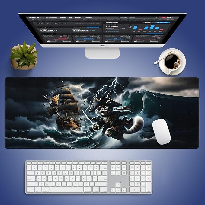 Wknoon. Extra Large Gaming Mouse Pad (31.5" x 11.8") with Durable Stitched Edges – Cute Pirate Kitty in The Stormy Ocean Waves Funny Cat Adventure Ship Sailing, Anti-Slip Base Extended XXL Desk Mat