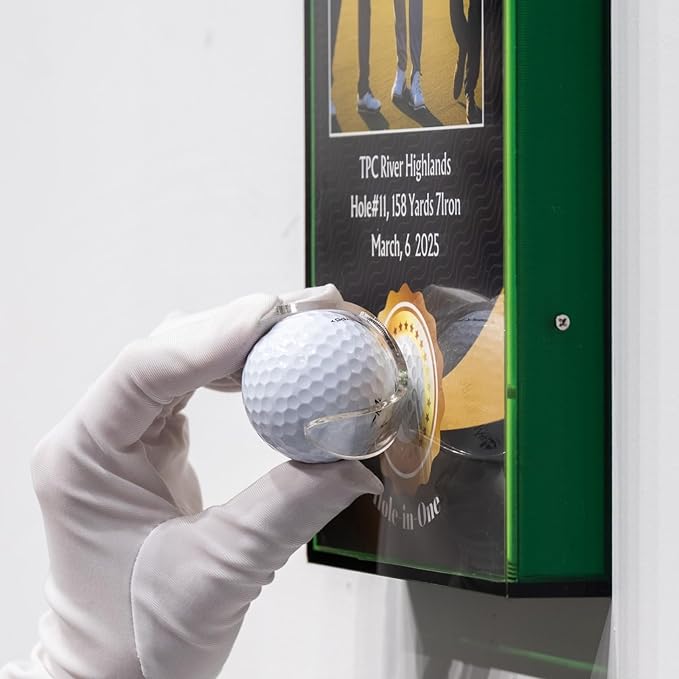 Green Acrylic Perfect Shot Golf Ball Display Case Frame, 6.3x12.2 Inch Vertical Design with Custom Name, Photo, and Details, Art Print Background, Acrylic Ball Holder (Golf Ball Not Included)