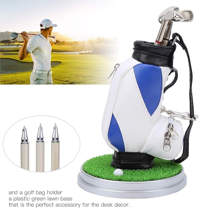 Golf Bag Pen Holder, Mini Desktop Zinc Alloy Golf Bag Pen Holder Set with Golf Pens Gift Souvenir for Golfers Office Decor (Blue White)