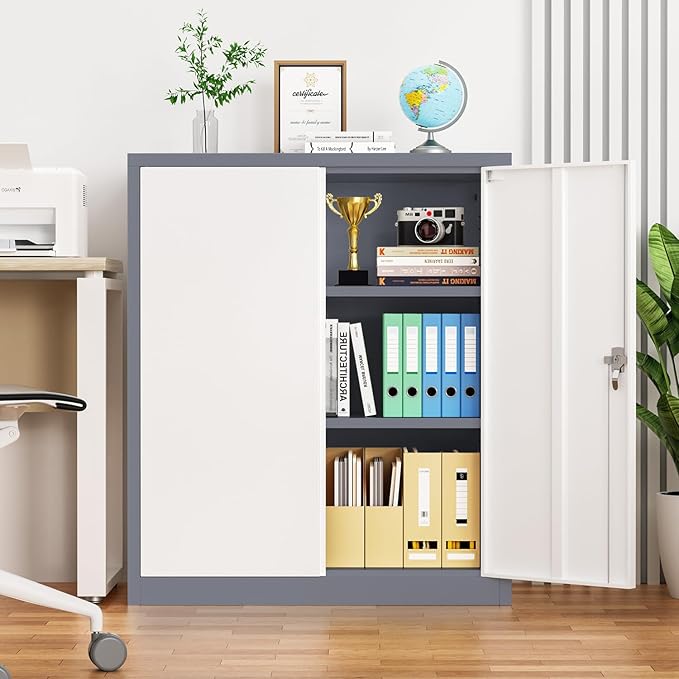 Pataku Metal Storage Cabinet, Garage Cabinet with Doors and Shelves 36" Hx32 Wx16 D, Steel Lockable File Cabinets for Office, Home, Garage, Basement, Industrial, White Grey