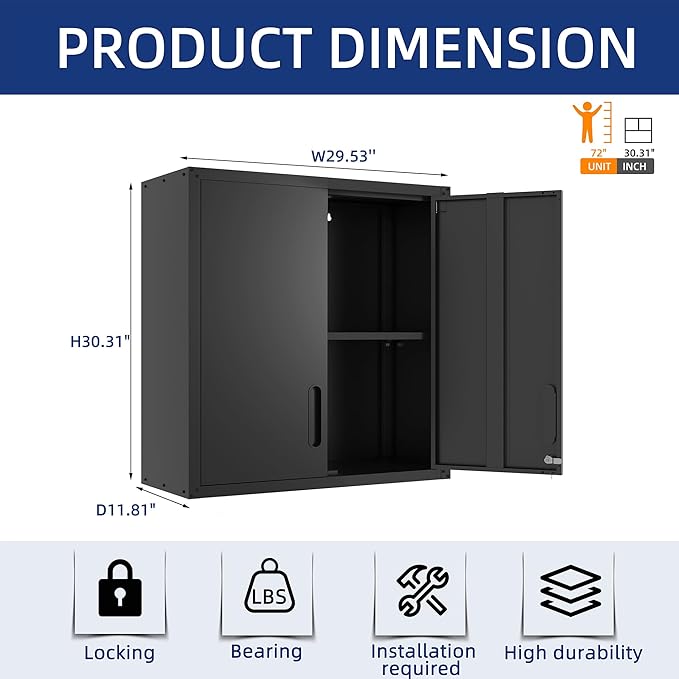 Metal Tool Cabinet,Garage Storage Cabinet System,Wall Cabinet & Locking Rolling Tool Cabinet with Doors and Adjustable Shelves,Steel Tool Cabinets for Home (2 Pcs-Wall-Style CC, Black)