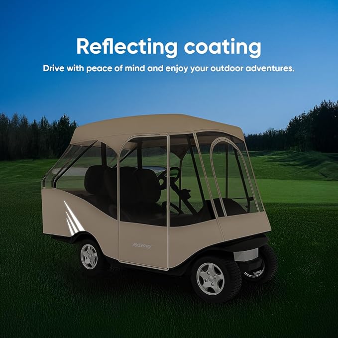 Rosefray Golf Cart Enclosure, 2+2 Drivable Rain Cover, Short Roof 58" - EZGO, Club Car - Durable Door Zipper - 4 Seater Golf Cart Cover Glowing at Night