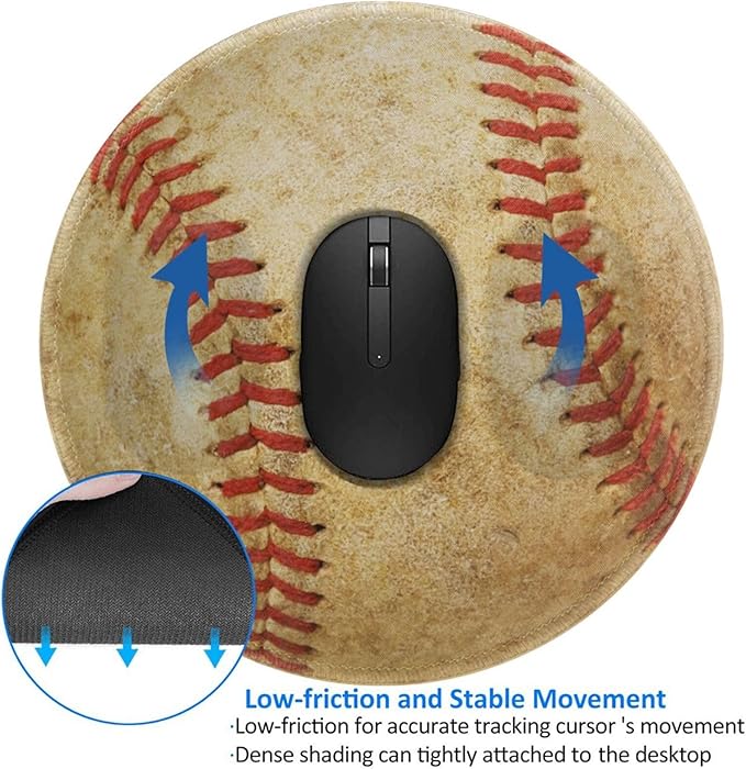 Vintage Worn Baseball Ball Round Mouse Pad, Small Gaming Mousepad with Stitched Edge, Non-Slip Rubber Base Mouse Mat Office Desk Accessories for Laptop Computer Decor 7.9 X 7.9 Inch