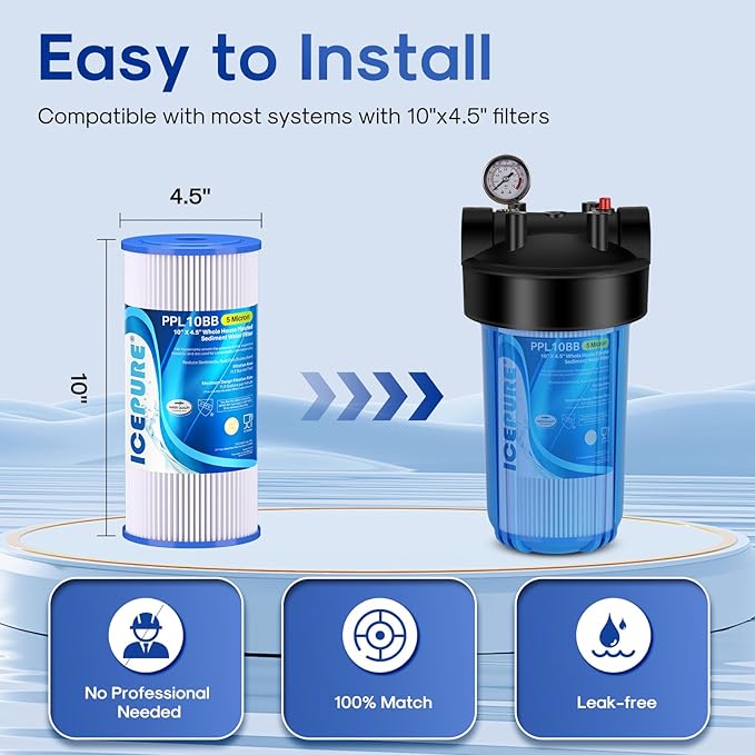 ICEPURE 5 Micron 10" x 4.5" Whole House Sediment Pleated Water Filter Replacement for GE FXHSC, Culligan R50-BBSA, Pentek R50-BB, DuPont WFHDC3001, W50PEHD, GXWH40L, GXWH35F for Well Water, 4PACK