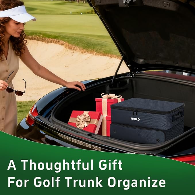 ANILD Golf Trunk Organizer, 2 Layer Golf Storage Case with Separate Ventilated Compartment for 2 Pair Shoes, for Balls, Tees, Clothes, Gloves, Accessories, Golfer Gifts